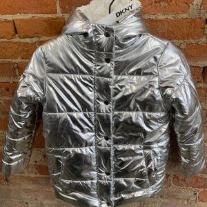 Girls Metallic Silver DKNY Puffer Jacket Size 7